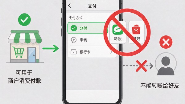 微信分付无法转账给好友的说明图,展示分付只能用于商户消费支付的流程