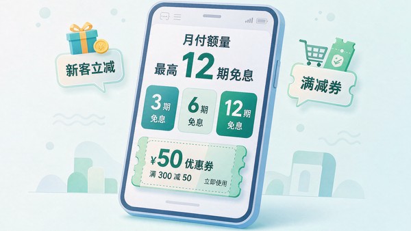 得物月付优惠说明图,手机界面显示月付额度、免息期数与优惠券叠加提示