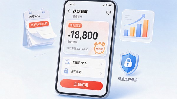 手机屏幕上显示花呗页面的临时额度卡片,标注额度数字与有效期
