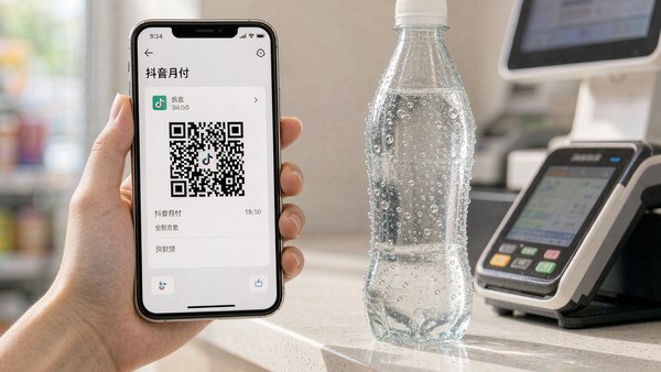 便利店收银台前用手机付款码支付一瓶气泡水，付款界面显示抖音月付