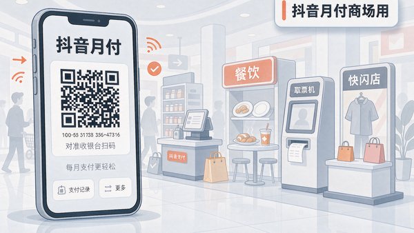 抖音月付在线下商场四类可用场景与额度限制示意图