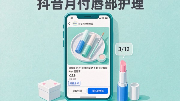 抖音月付购买唇部护理商品下单页示意,手机屏幕显示润唇膏商品与月付付款选项