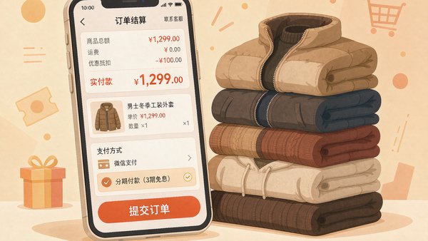 手机结算页面显示男生秋冬装使用抖音月付分期的选项