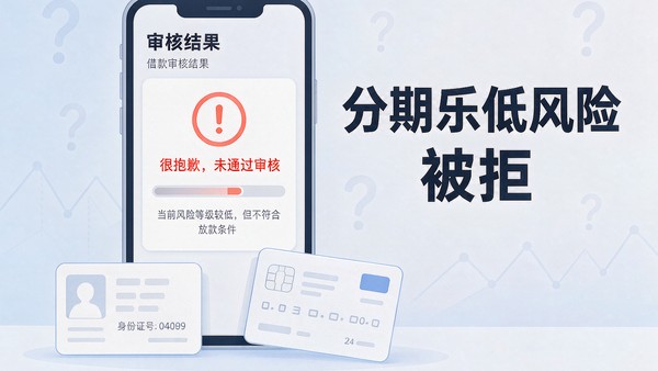 手机屏幕上显示分期乐借款申请未通过的提示页，旁边放着身份证和银行卡