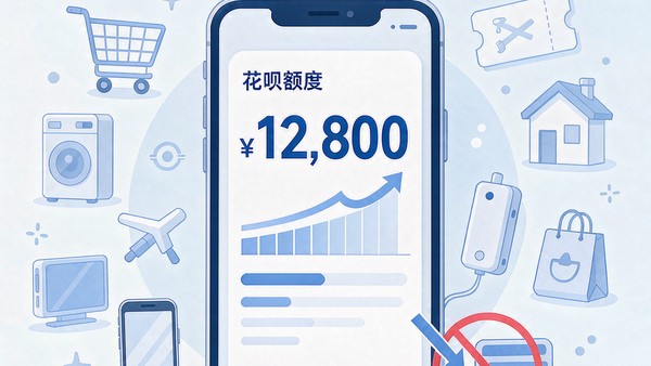 花呗额度页面示意,屏幕显示额度12800元,右下角提现到银行卡被划掉
