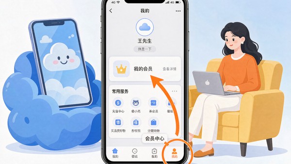 分期乐App内会员中心入口位置示意图，标注底部我的与会员卡片