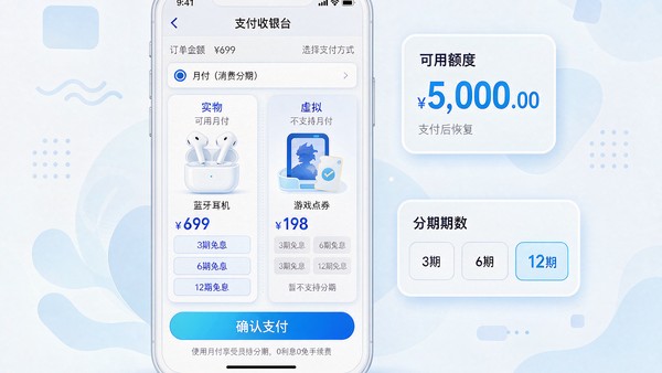 抖音月付收银台示意图，左侧耳机属实物类目可用月付，右侧游戏点券属虚拟类目不支持月付