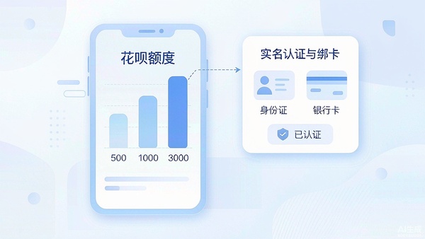 18岁开通花呗后初始额度区间的示意，手机屏幕显示500元、1000元、3000元三档