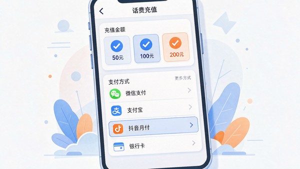 抖音商城话费充值页面使用抖音月付支付的示意，手机屏幕显示充值金额与支付方式