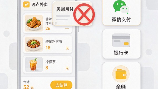 关闭美团月付后外卖下单与付款方式变化示意图